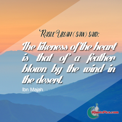 Picture with quote of The Messenger of Allah (saw) said: The likeness of the heart is that of a feather blown by the wind in the desert.