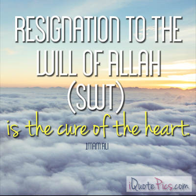 Picture with quote of Resignation to the Will of Allah (swt) is the cure of the heart.